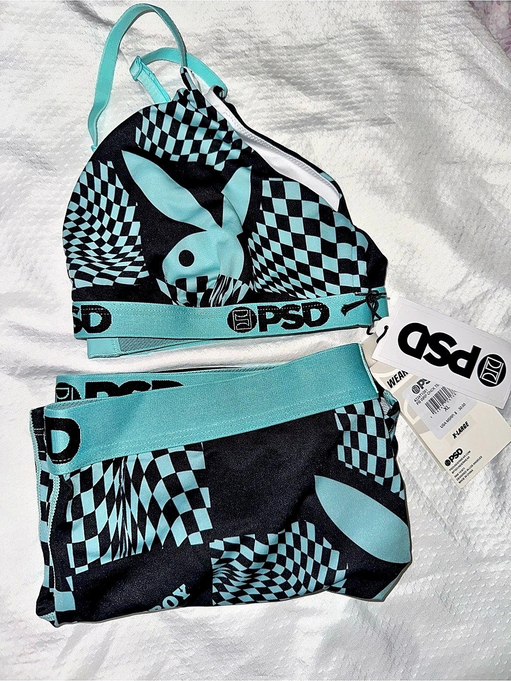 PSD x Playboy Warp Checks Bralette and Boyshort Set Black & Teal Blue XL - Picture 2 of 12